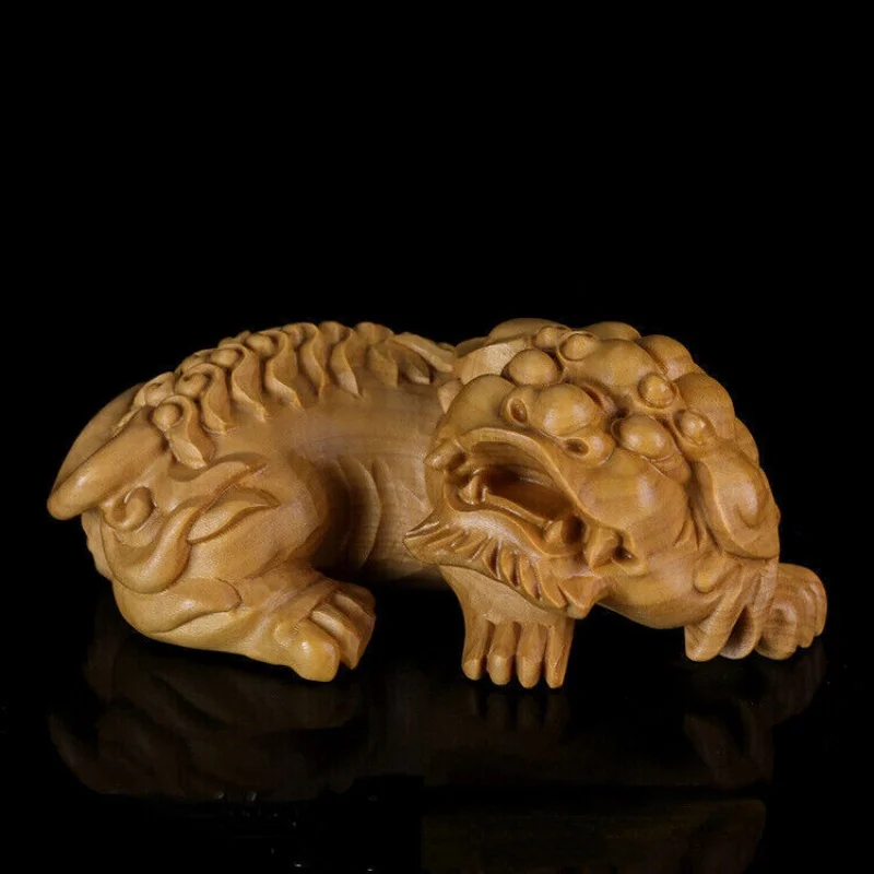 3.3 'صندوق خشبي منحوت يدويًا تمثال Fengshui Foo Fu Dog Guardion Lion Beast #1