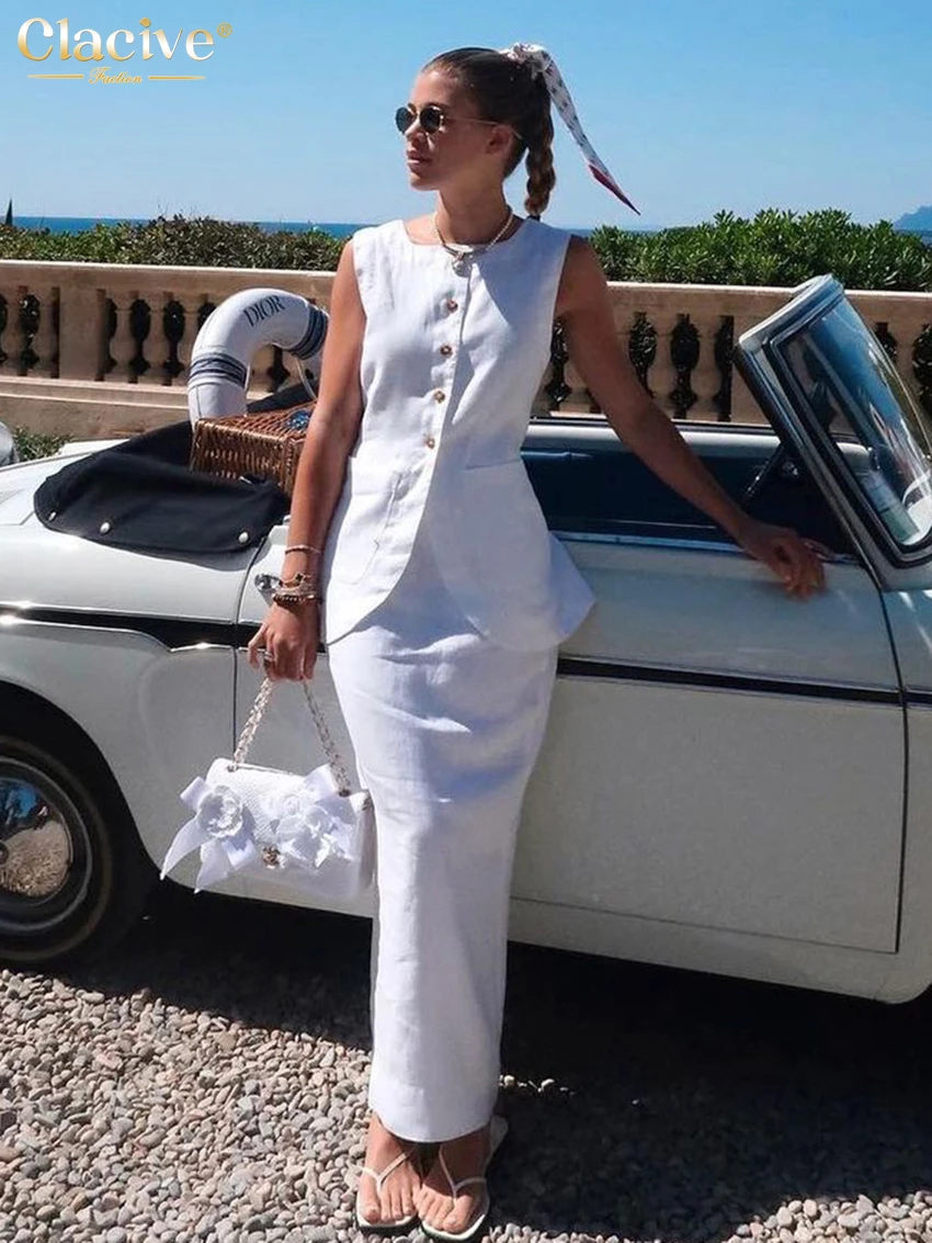 Clacive Summer Slim White Cotton Two Piece Set Women Outfit 2023 Elegant Sleeveless Tops With High Waist Long Skirts Sets Female