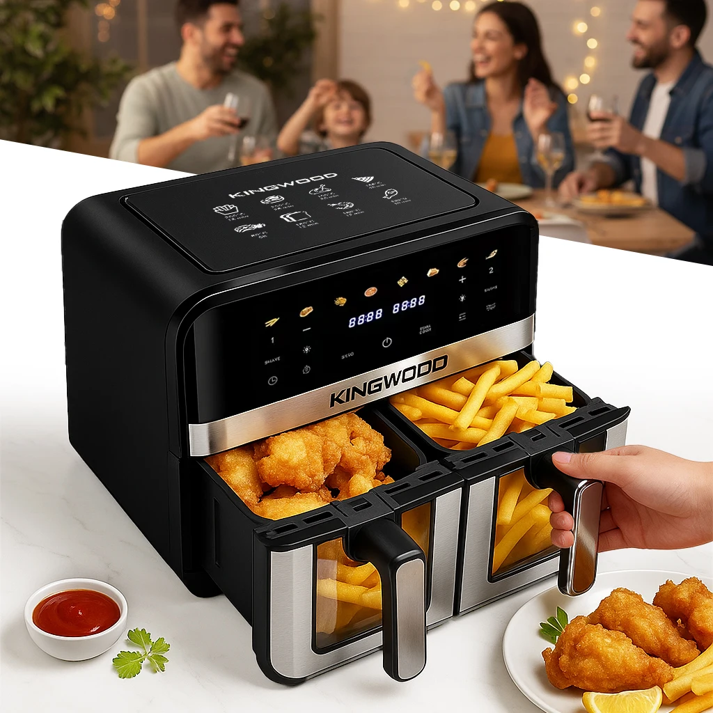 Heteluchtfriteuse zonder olie, XL-model, 9 liter, met twee manden en een kijkvenster, 8 ingebouwde kookprogramma’s, een veelzijdig en intelligent apparaat voor het bereiden van gerechten, het bakken,