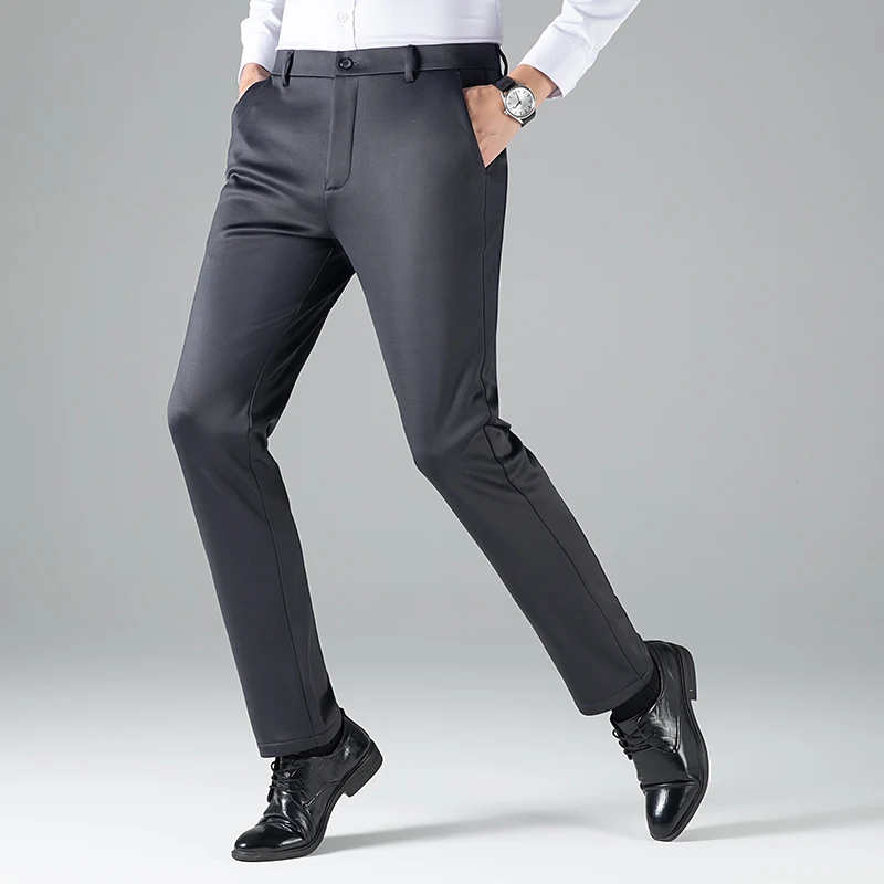 Men's Business Casual Straight-Leg Pants for Autumn/Winter Fleece-Lined Warm & Wrinkle-Resistant Pant Classic Black Gray Blue