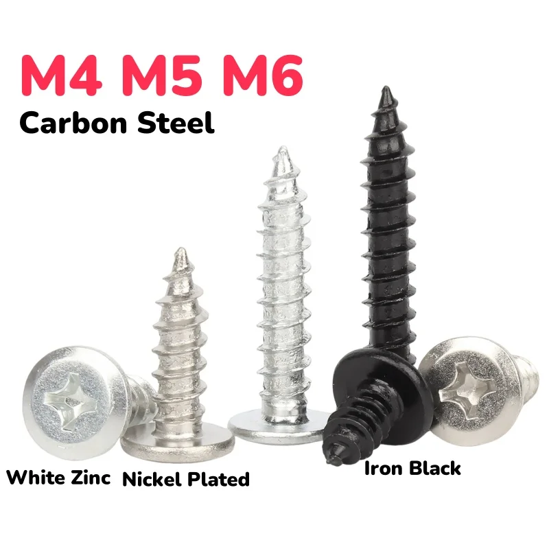 

M4 M5 M6 Carbon Steel Iron Black/Nickel Plated/White Zinc Cross Round Head Self Tapping Screws