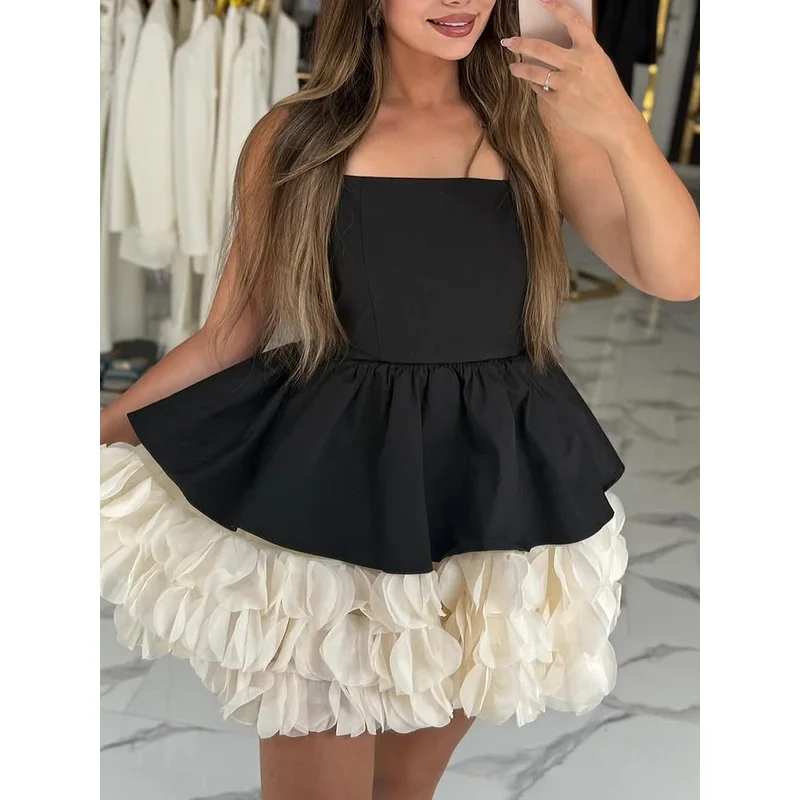 

French High-end Hepburn Style Short Skirt 2025 Autum Square Collar Suspender High Waist Slim Cake Lace Party Prom Dress Women