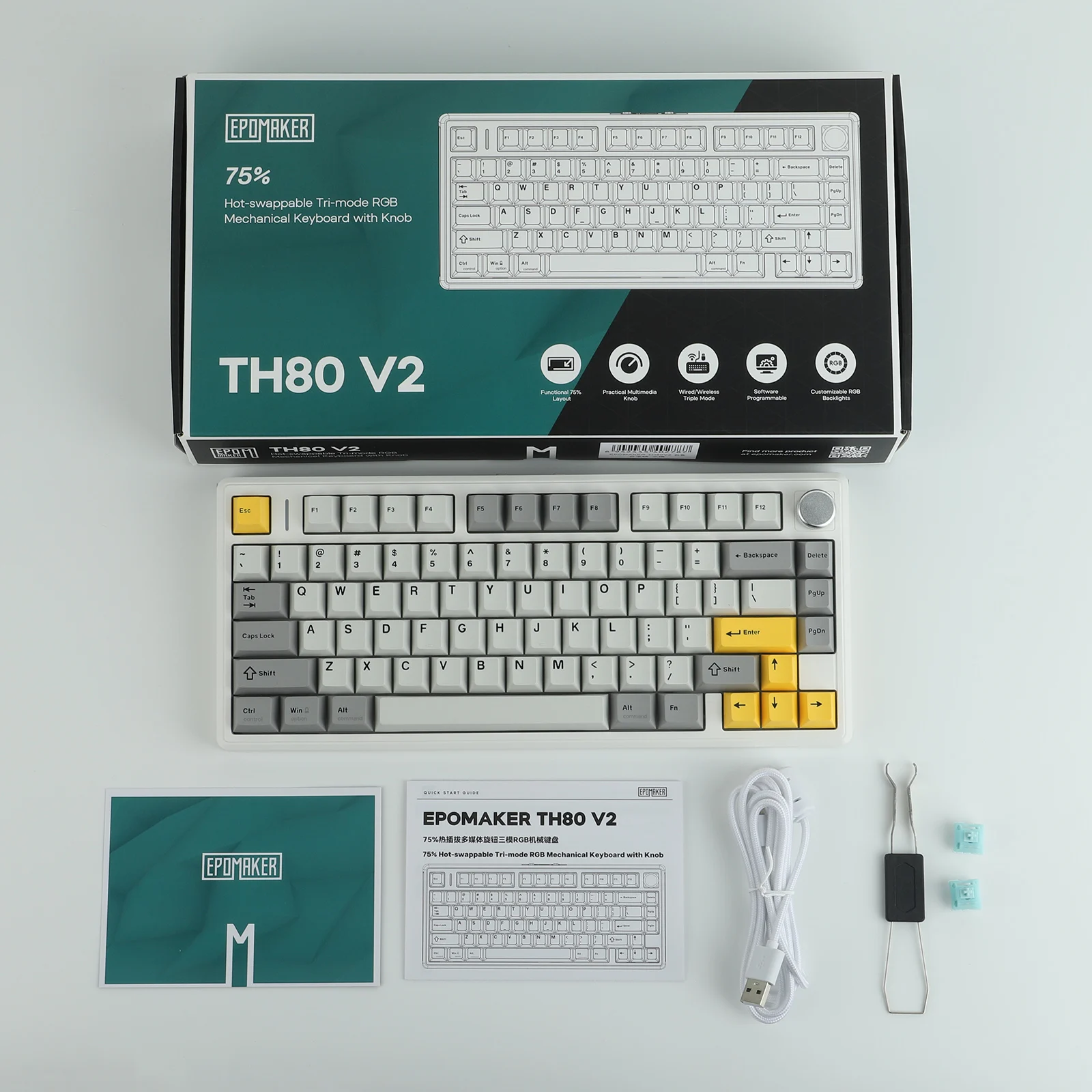 EPOMAKER TH80 V2 75% ANSI US Layout Gasket Tri-mode Bezprzewodowa Klawiatura Mechaniczna Gamingowa z Baterią 8000mAh i Podświetleniem RGB — zdjęcie produktu 6