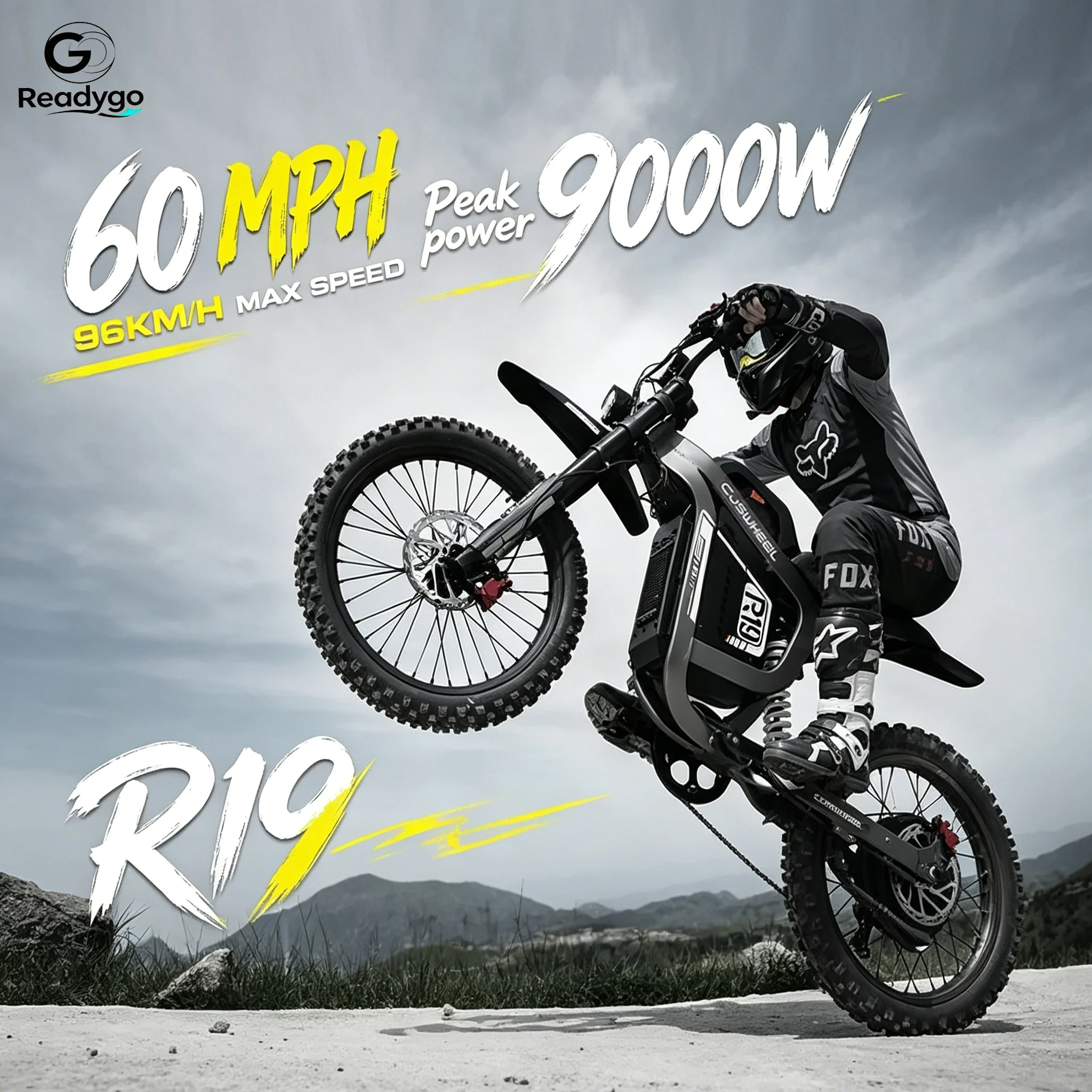 

Readygo COSWHEEL R19 Electric Dirt Bike 9000W High Power 72V40Ah Battery Adult Max96km/h Mountain Ebike for Off-Road Use Lithium