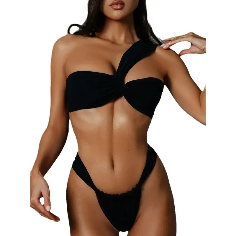 BLACK SWEET Bandeau Bikini Set 2pcs Swimsuit Women Sexy One-shoulder Backless Strap Design Low Rise Thong Strój kąpielowy Kobiety