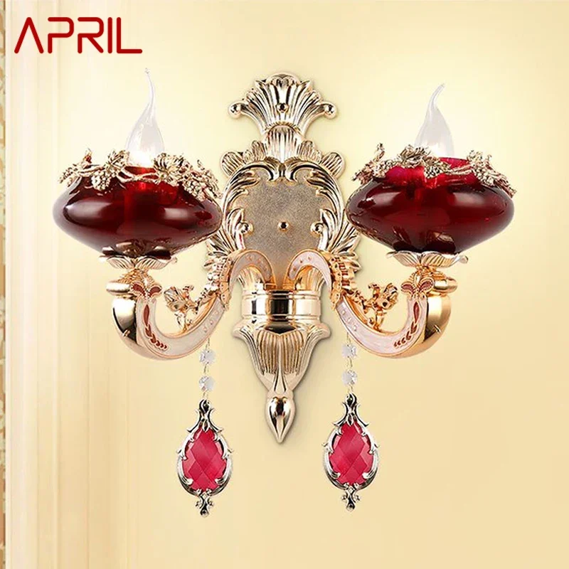 

APRIL European Red Crystal Wall Lamp Luxury Living Room Bedroom Bedside Lamp Background Wall Corridor Villa Hotel Lighting