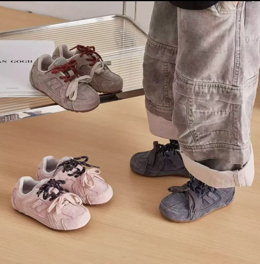 Kids Retro Suede Lace-up Sneakers Breathable Upper Non-slip Rubber Sole Casual Shoes for Toddler Boys Girls Daily Wear Training