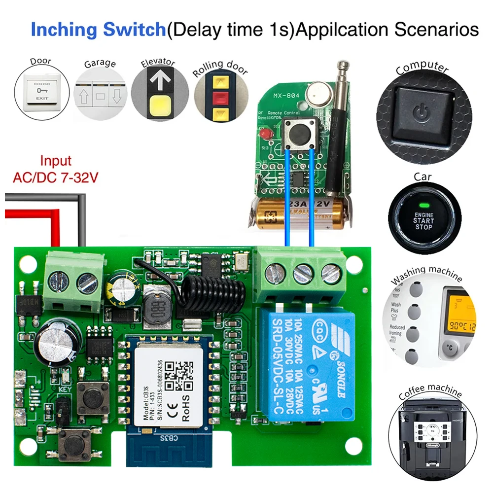 WIFI Tuya Smart Garage Gate Interrupteur de moteur d’accès à la porte électrique, USB 5V DC 12V 24V 32V, Module de relais d’impulsions à 1 /4 canal, RF433 Télécommande