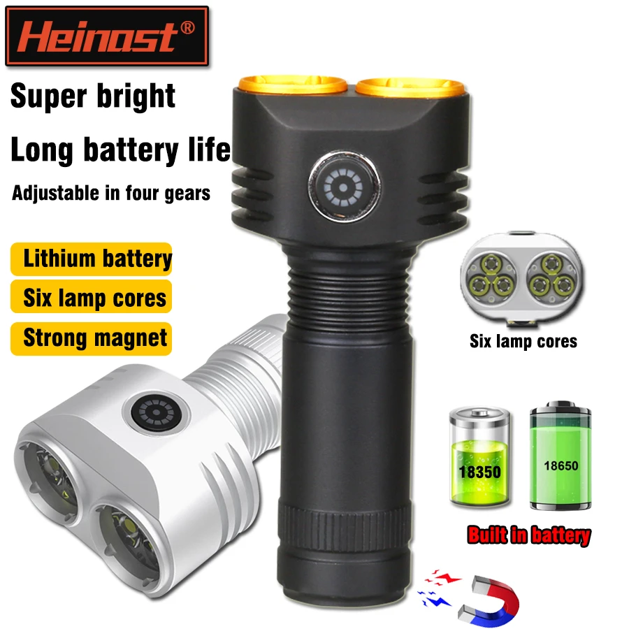 Heinast LED Ultra Bright Rechargeable Flashlight, Built-in Lithium Battery Portable Six Core Flashlight for Outdoor Night Riding