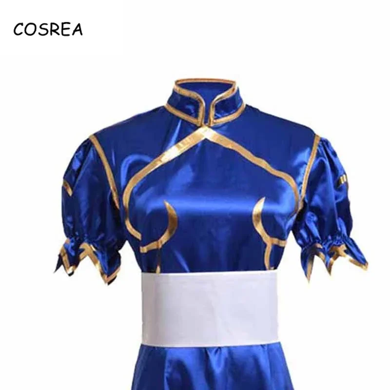 Spiele Chun Li Cosplay Kostüme Halloween Party Sutorito Faita Blau Cheongsam Kleid Gürtel Kopfbedeckung Mit Frauen Mädchen Kleidung