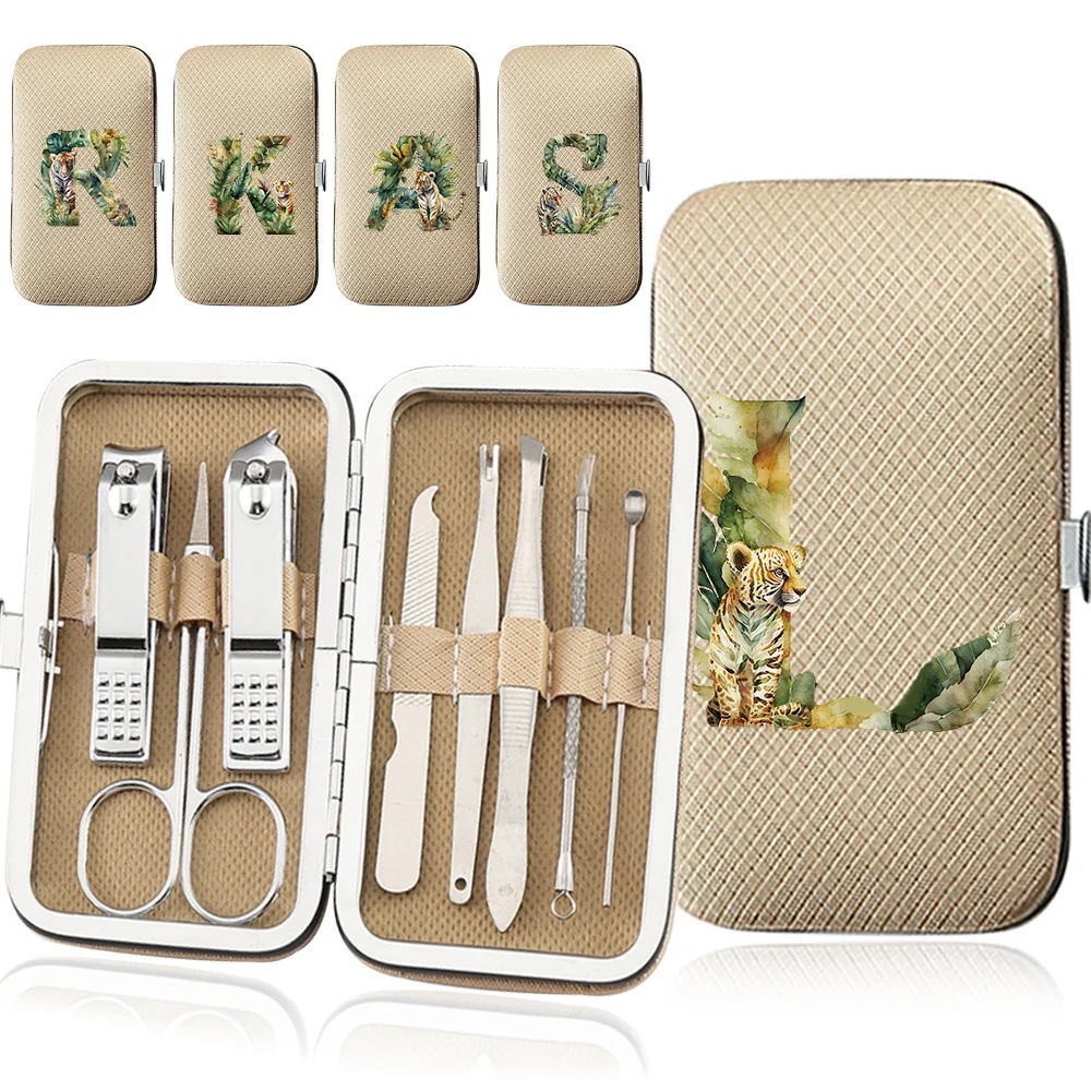 

8Pcs Manicure Set Nail Clippers Kit Professional Stainless Steel Nail Care Tools With Leather Case Jungle Tiger Letter Pattern