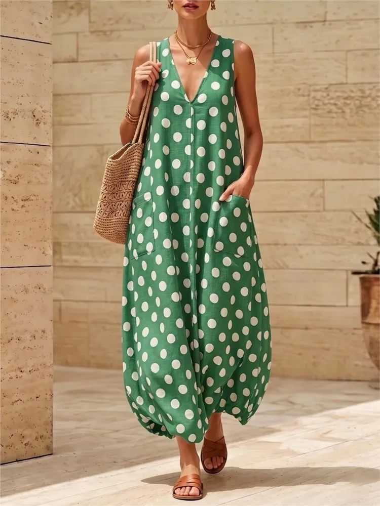 Women Fashion Polka Dot Sleeveless Dress Summer Deep V Neck Loose Pocket Bud Hem Long Dress Casual Holiday Party Dress Vestidos