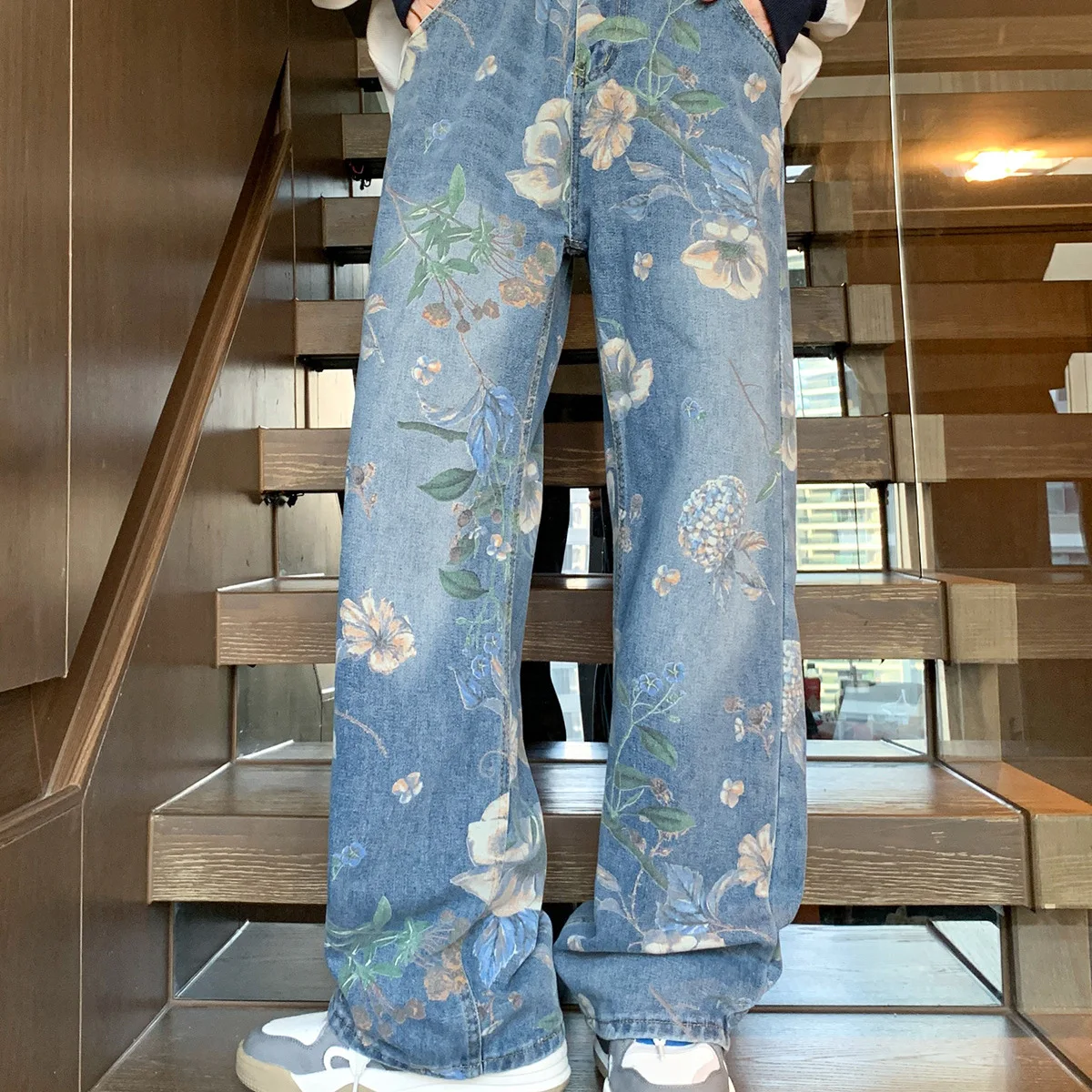 

Printed Jeans Men's 2026 Spring Loose and Versatile Design Sense Mopping Wide-leg Pants