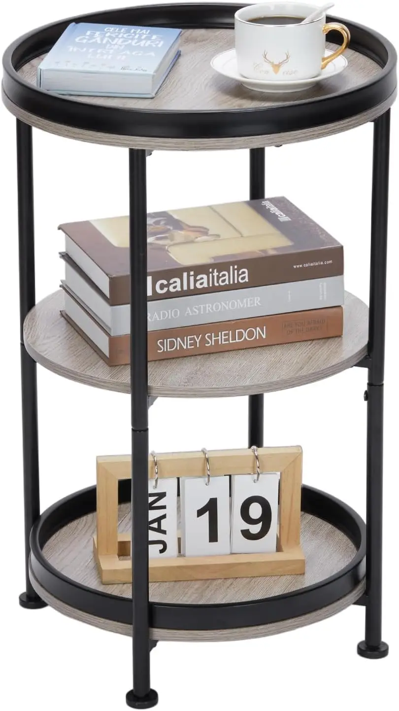 

Side Table, Round End Table with 3 Storage Shelves for Living Room, Bedroom, Nightstand with Steel Frame for Small Spaces