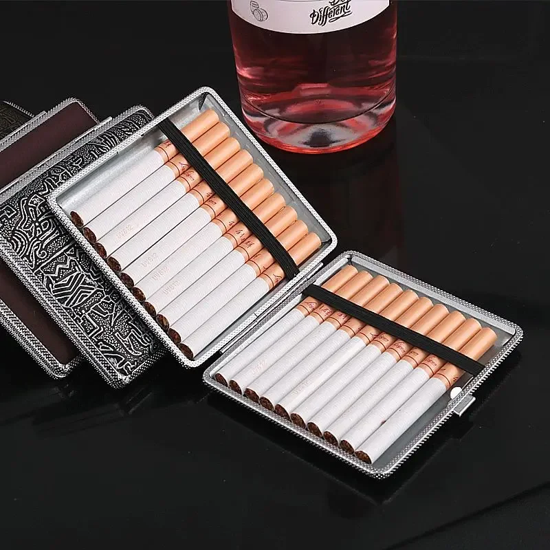 20 Sticks Gift for Men's Leather Cigarette Box Cigar Case Metal Leather Smoking Accessories Cigarette Lady Storage Cover Hold