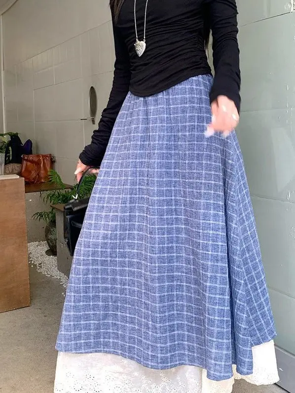 

Юбка А-силуэта больших размеров с кружевными вставками и клетчатым узором, с завышенной талией, стройнящая, новая весенняя модель, женская модная повседневная одежда из полиэфирного волокна