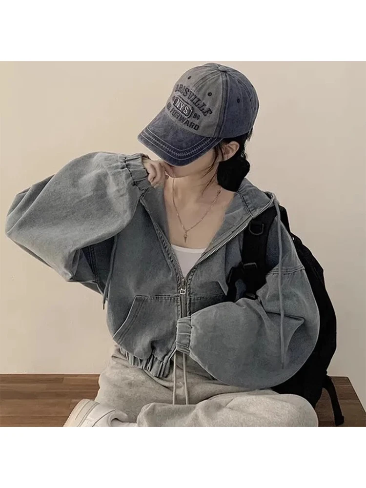 2025 가을 겨울 여성용 아메리칸 레트로 데님 후드티 스웨트셔츠 2000년대 대학 스타일 하라주쿠 Y2K 일본 스트리트웨어 오버사이즈