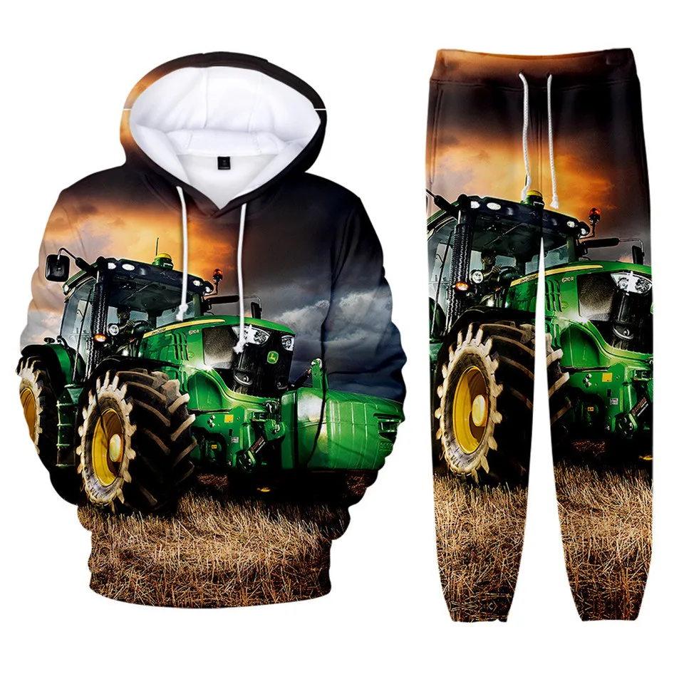 Tractor Pattern Sportswear Suit Men's Hoodies Set Casual Warm Sports Sweater Brand Pullover + Jogging Pants 2-piece Set