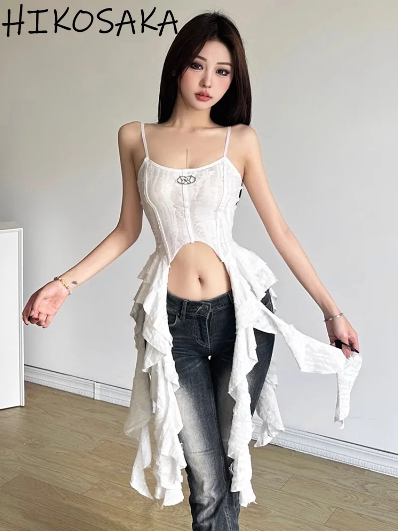 

Neploe Vintage Fairycore Y2K Wear Out Tanks Ruffles All-match Patchwork Streetwear Goth Harajuku Camis Print Off Shoulder Tops