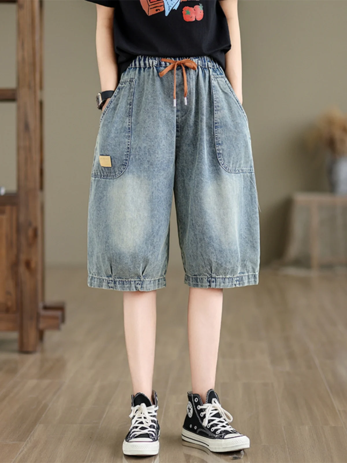 

Summer Thin Waed Distred Denim orts Women's Elastic Waist Straight Loose Casual Five-length Medium Pants