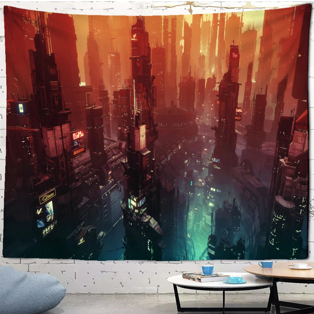 Modern Night City Tapestry Japanese Anime Punk Neon Boat Samurai Art Wall Hanging Dormitory Digital Printing Home Decoration