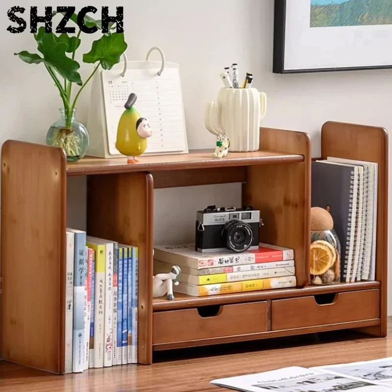 Bamboo Expandable Bookshelf Desktop Compact Storage Cabinet Desk Workstation Organizer Drawer Space-saving Office Bookcases