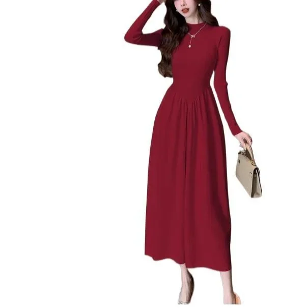 フレンチスタイルハイカラー長袖ニットドレス女性秋冬コートインナーウエストシンチングマキシスカート新着ファッション