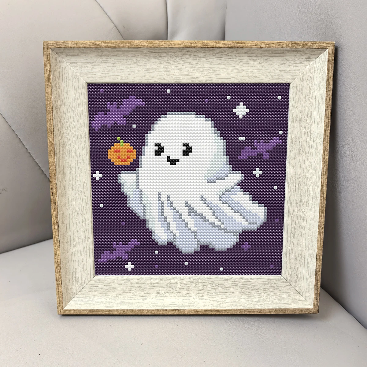 Smiling Ghost Halloween-themed Cross-Stitch Kit, DIY Handmade Printed Embroidery with Frame, Pumpkin Bat Cute Goblin Desktop Decoration - view 4