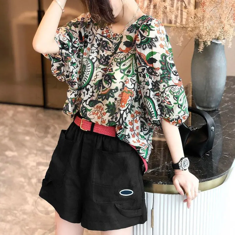 Fashion Casual O-Neck Loose Printed Pullovers Female Clothing Elegant Half Sleeve Summer Spliced All-match Korean T-shirt 2023