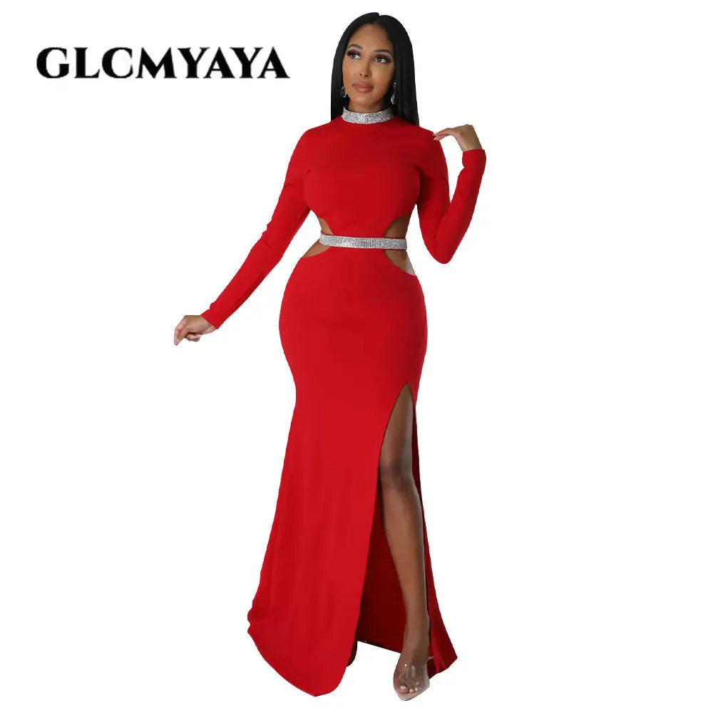 GLCMYAYA Nữ Cutout Eo Độ Bên Cao Xẻ Tay Dài Đầm Maxi Dài Đầm Thời Trang Thu Đông Bodycon Áo Vestidos