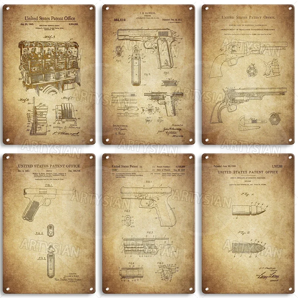 Guns Military Patent Metal Sign Smith & Wesson Revolver Samuel Colt Gatling Gun Glock Pistol AK Rifle Military Vehicle Jeep