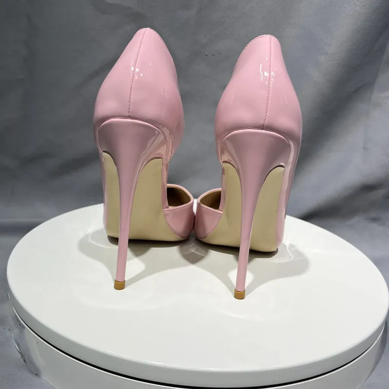 Tikicup Light Pink Patent Leather Women Sexy Pointy Toe Slip On High Heel Shoes Ladies Comfortable Stiletto Pumps 8cm 10cm 12cm