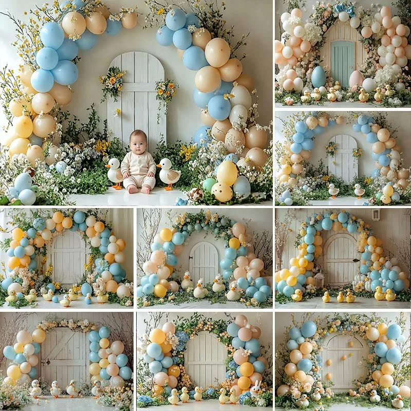 

LS Photography Background Arch Balloon Floral Wooden Door Decor Baby Shower Kids Birthday Newborn Portrait Photo Backdrop Studio