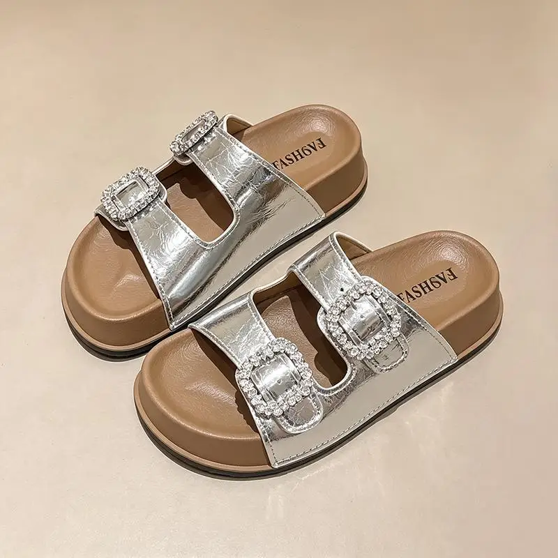 Rutschfeste, dicke Strandpantoffeln für Damen, Sommer 2026, Rhinestore-Schnallen-Plateau-Mules, glänzende Kristallsandalen für Damen – Detail 8