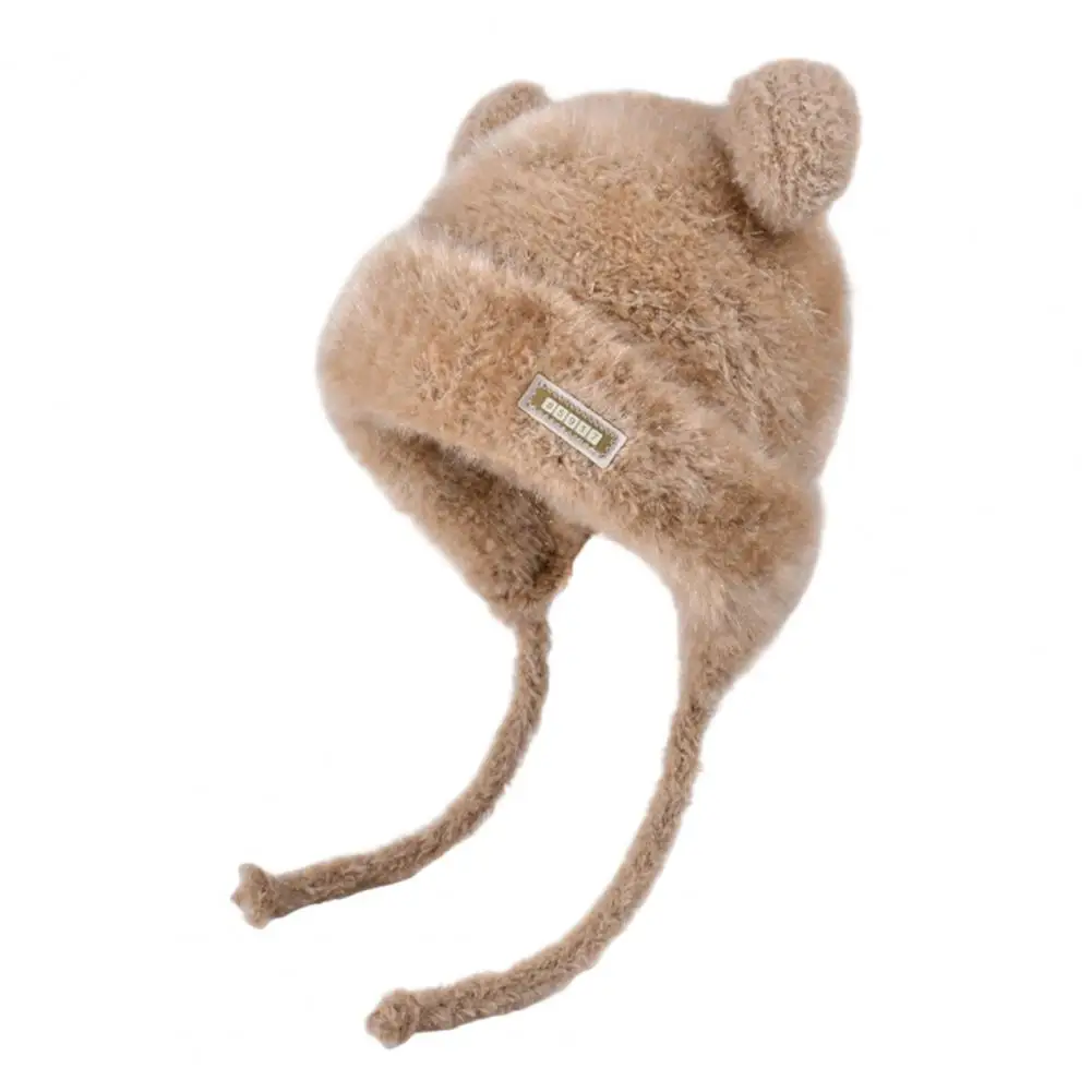 Elastic Solid Color Cap Winter Plush Knitted Hat for Women with Bear Ears Elastic Thermal Cap Soft for Weather for Weather