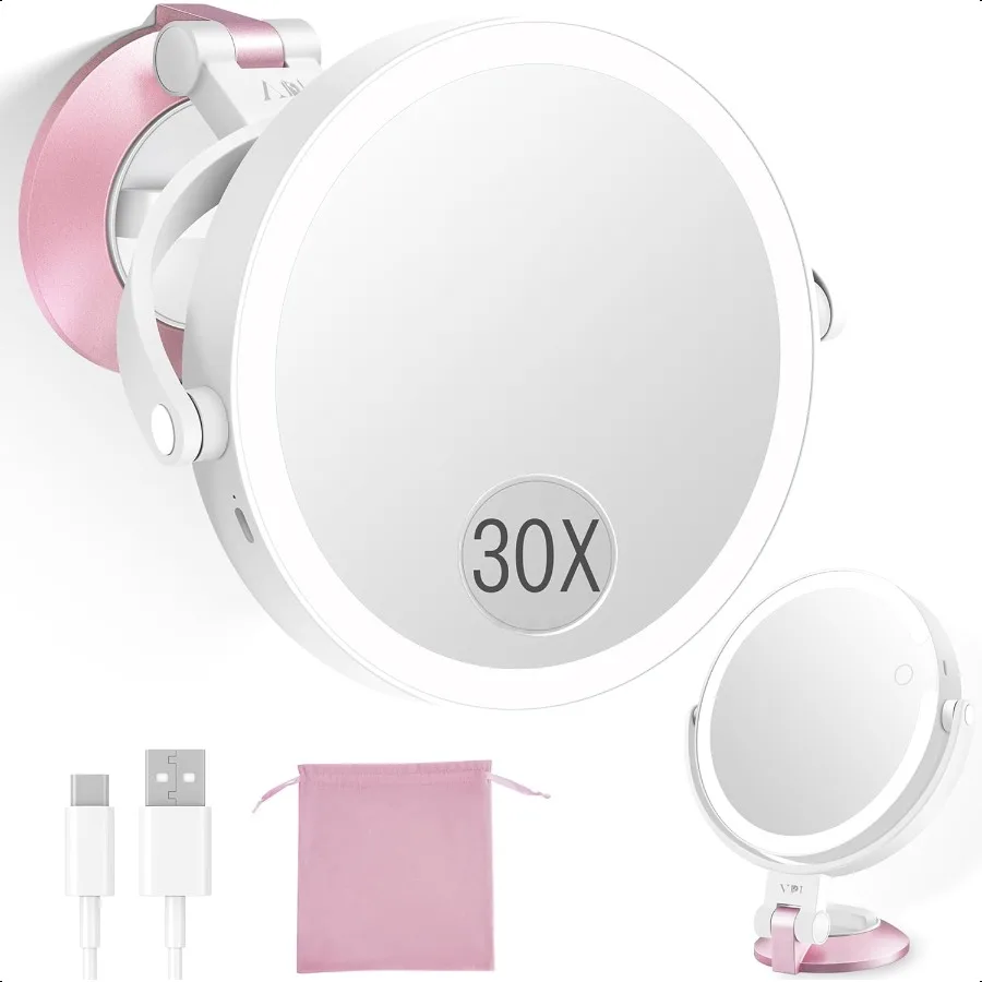 

30X 1X Wall Mounted Magnifying Makeup Mirror with Power Suction Cup Rechargeable Double Sided Regular HD Magnification 3 Color
