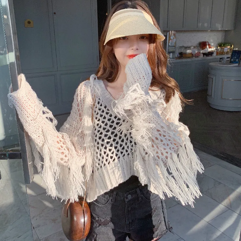 

Fringed Hollow Knit Sweater Blouse V-neck Ruffles Tassels Pullovers Loose Crocheted Weave Jumpers Crop Tops Smock Sueter