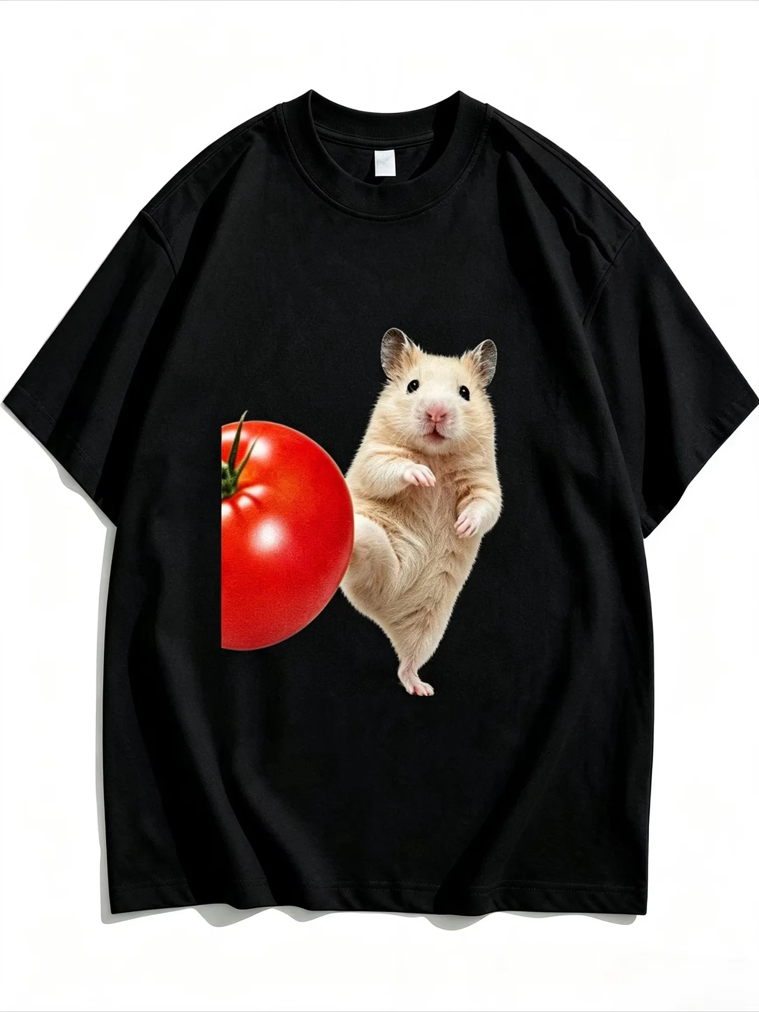 Men T-shirt Cute Hamster with Big Tomato Funny Meme Print Soft Cotton Breathable Daily Casual Tops