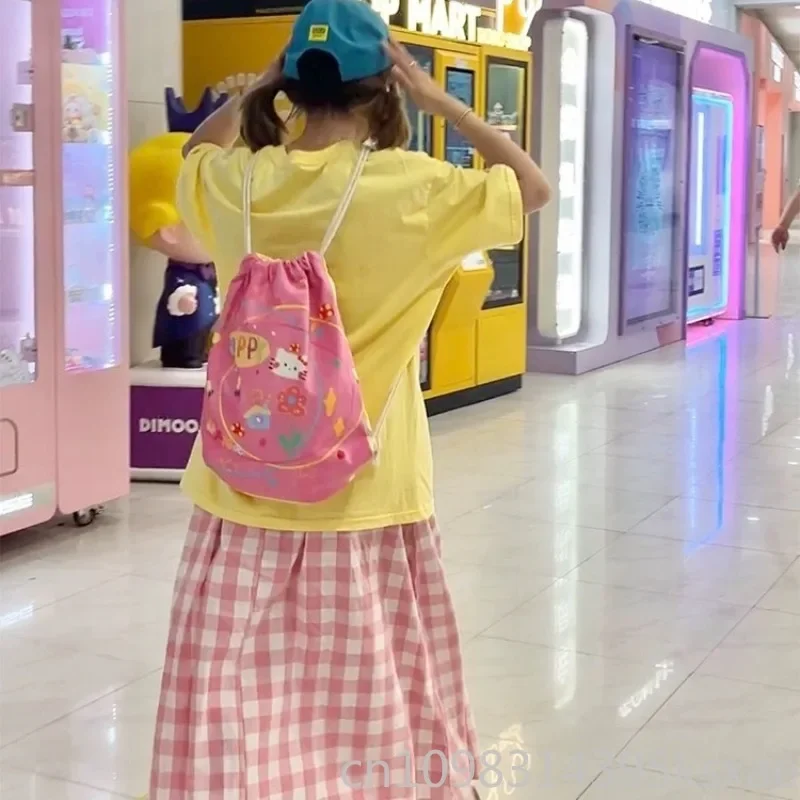   헬로 키티 드로스트링 백팩 여성용 가방 양면에 패턴이 있는 카와이 백팩 경량 옥스포드 패션 캐주얼