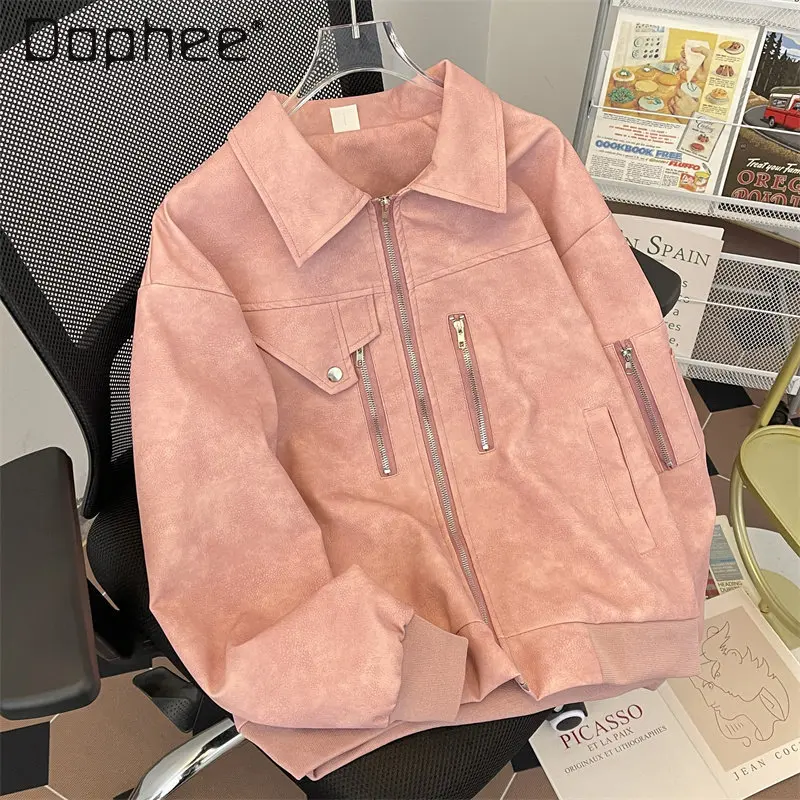 

Spring and Autumn New American Retro Locomotive Style Cool Handsome Men's Pink Gray Loose Casual Pu Leather Jacket