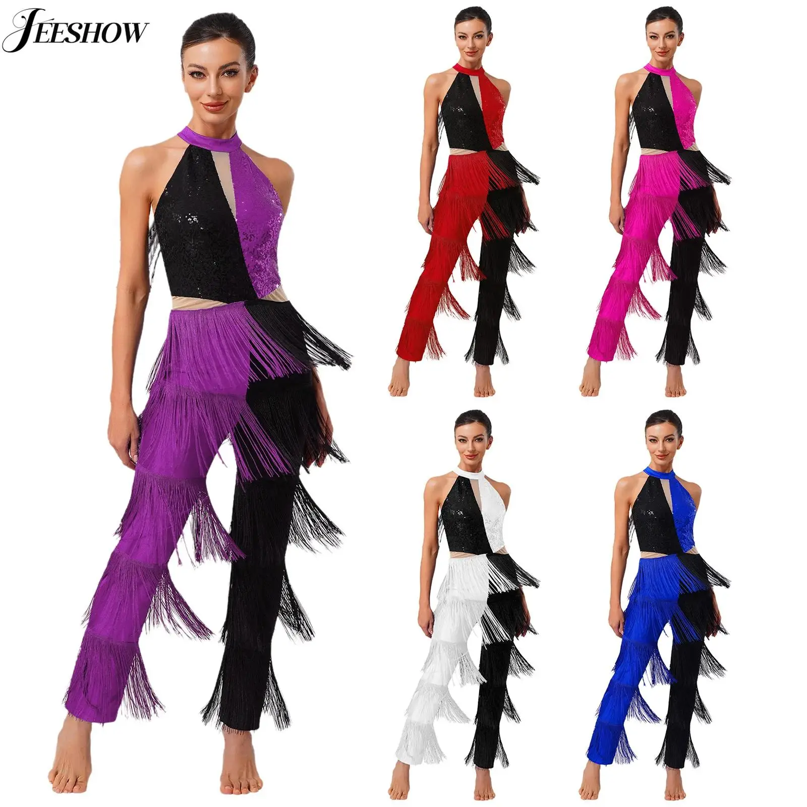 

Womens Vintage Disco Tassel Jumpsuit Shiny Sequin Patchwork Sleeveless Tiered Fringe Rompers Latin Dance Performance Costume