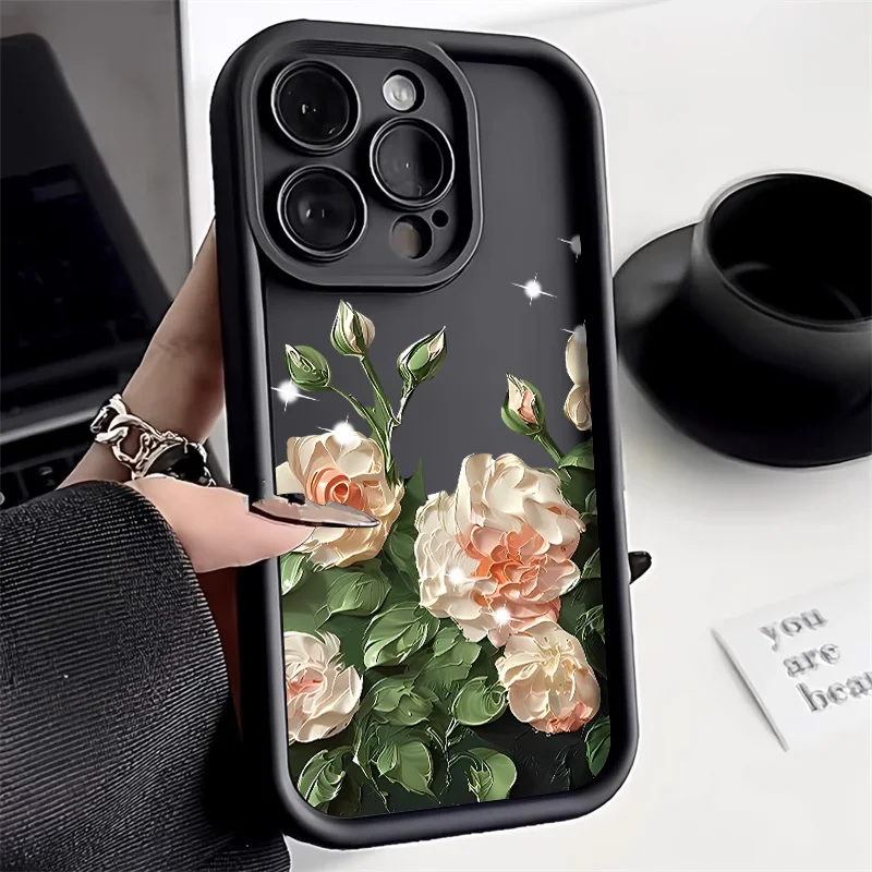 Coque de téléphone en silicone fleur rose blanche, coque pour iPhone 11, 12, 13, 14, 15 Pro Max, XS, X, Poly, 7, 8 Plus, SE, 2020, peinture à l'huile