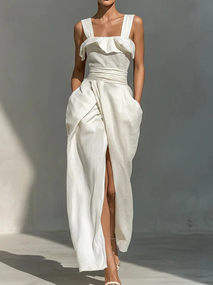 Damen Sommerkleid Ärmellos Maxi Elegantes Schlitz-Neckholder-Kleid Schickes Partykleid Einfarbig Schlicht Modisch Streetwear für den Urlaub