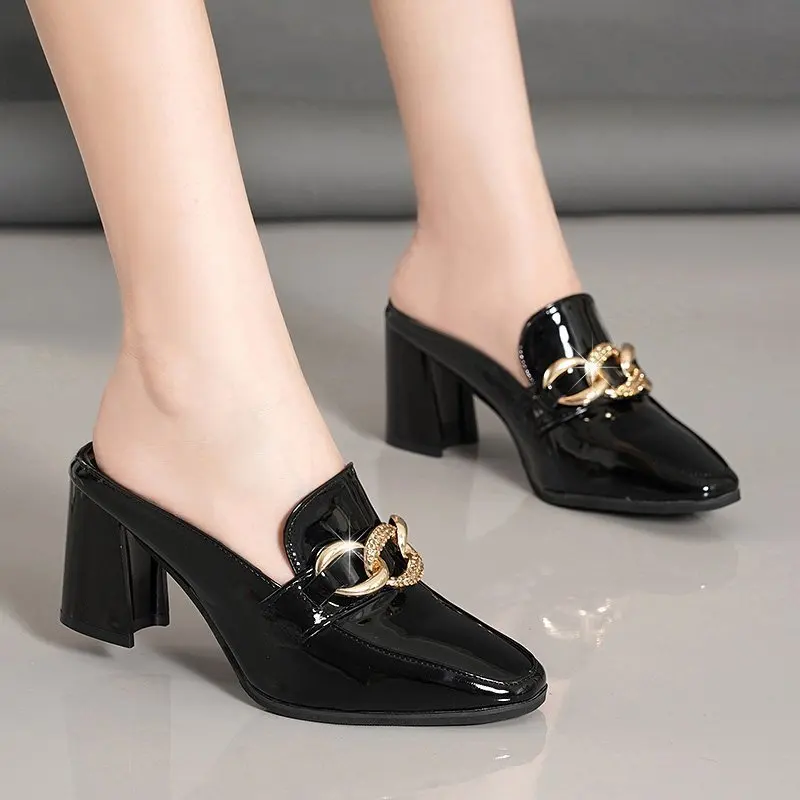 2024 Women\'s High Heels Spring New Chain Decorate Square Toe Women Shoes Females Fashion Slip on Thick Heel Mary Janes Shoes