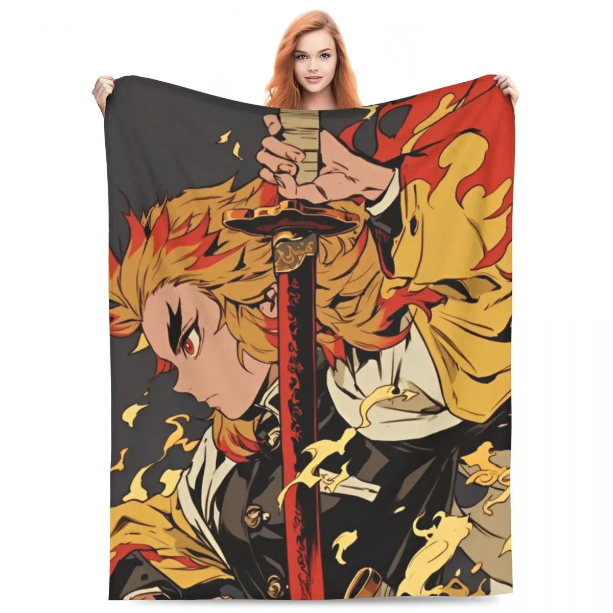 Flame Hashira Kyojuro Rengoku Blanket Cover Fleece Anime Demon Slayer Ultra-Soft Throw Blanket for Outdoor Travel Bedspread