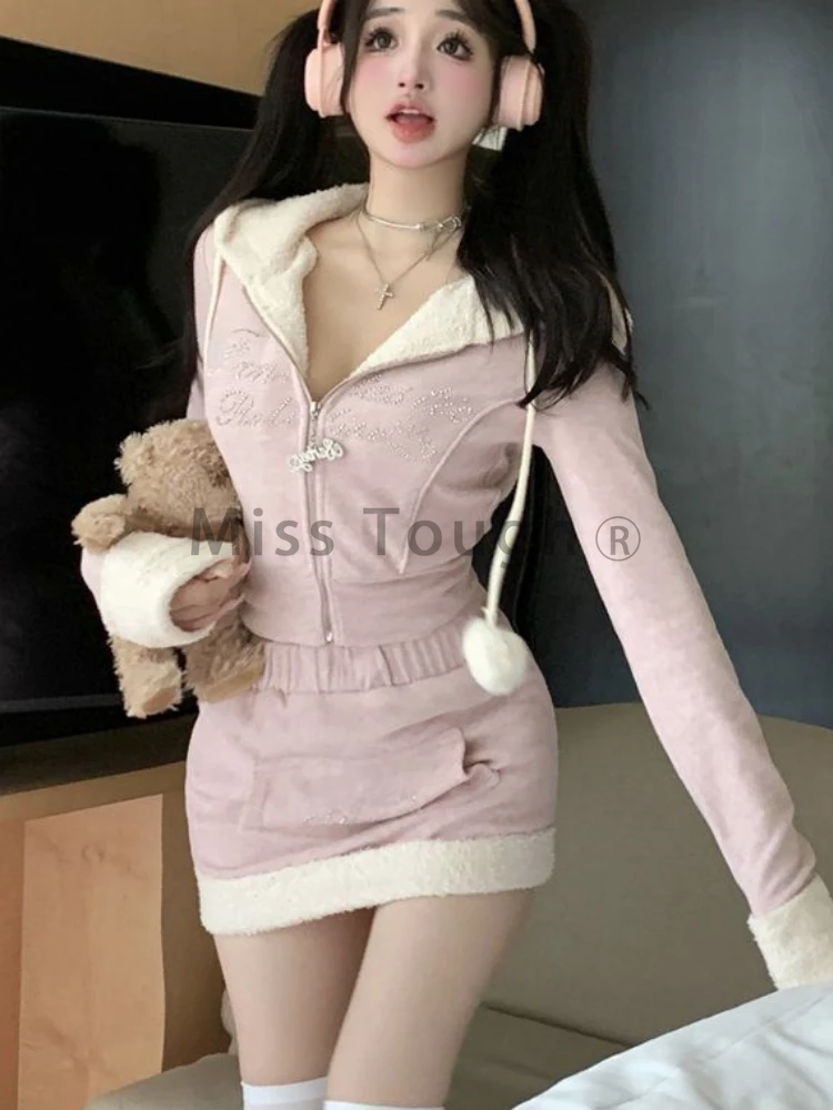 Giapponese rosa dolce Kawaii 2 pezzi Set donna caldo cappotto con cappuccio dolce gonna vestito femminile Casual moda coreana tuta inverno nuovo