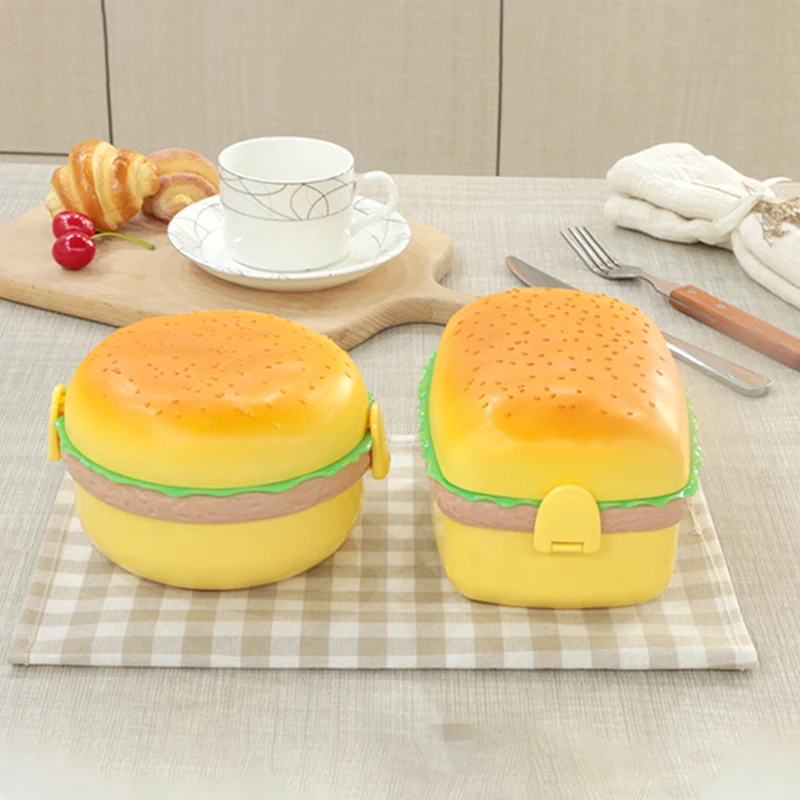 Hamburger Lunch Box Double Tier Cute Burger Bento Box microonde bambini pasto scolastico cibo Snack contenitore di frutta 1000/800ml