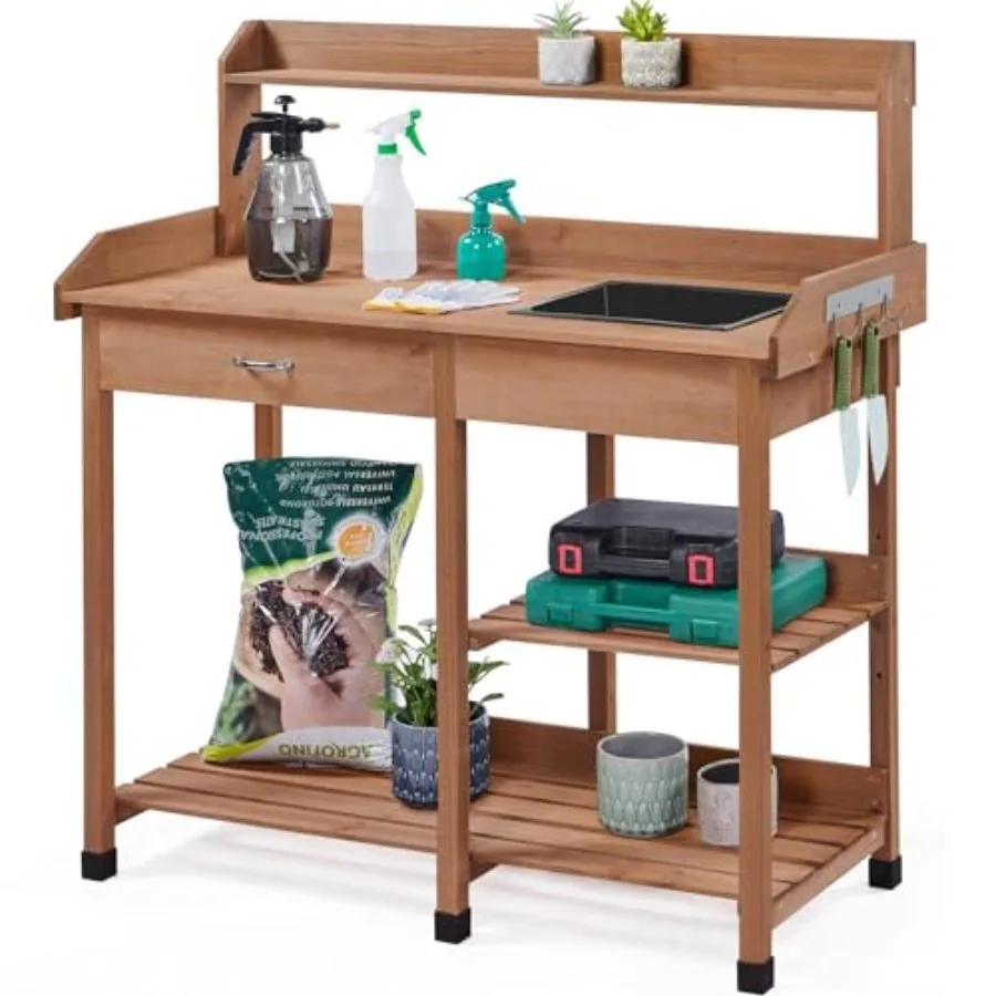 Potting Bench with Sink and Drawer, Outdoor Gardening Table