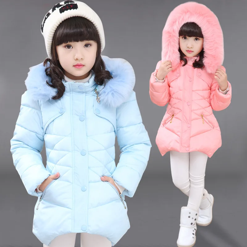 2024 Winter Girls Jacket Solid Color Mid-Length Thicken Cold Protection Hooded Down Cotton Windbreaker Coats For 4-12 Years Old