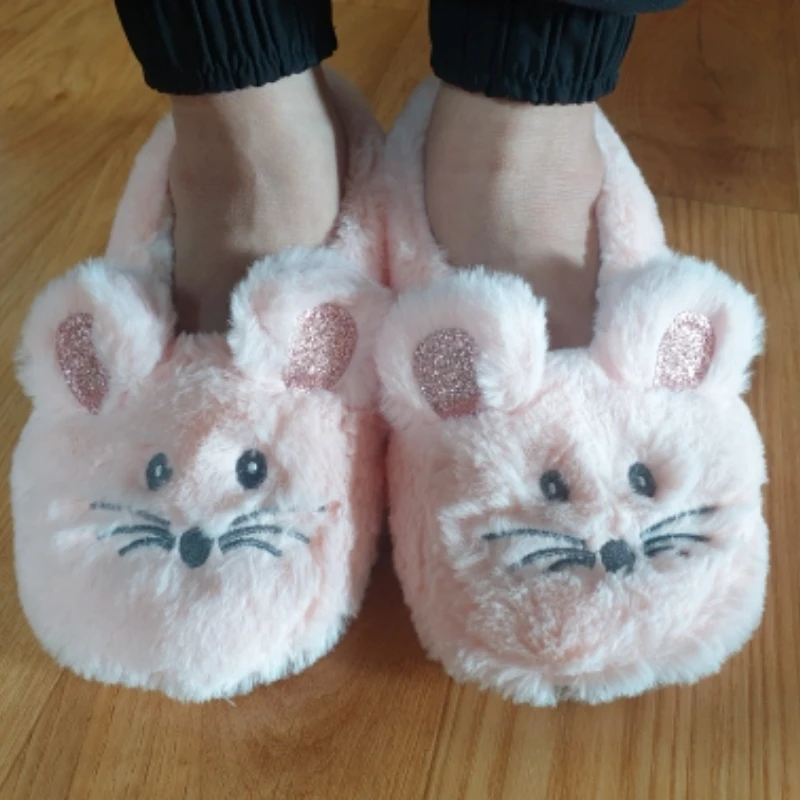 fluffy  Slipper Women Winter Non Slip Grip Indoor Fur Contton Warm Plush Home Lazy Female Mouse Ears Embroidery Fuzzy Shoes 2024